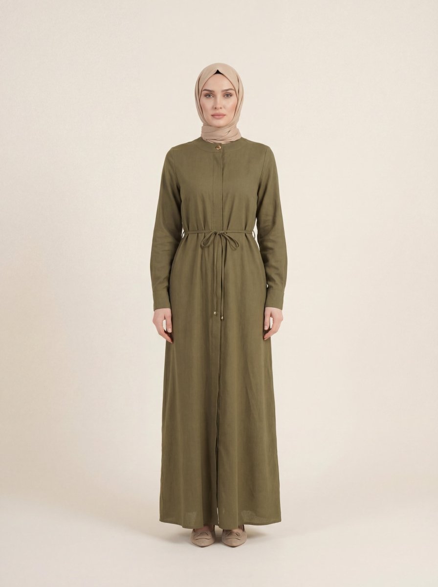 Lace - up Linen Abaya with Front Closure, Mandarin Collar, Long Sleeves, 9542 - 26 Khaki - ihvan
