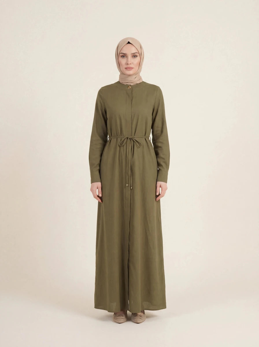 Lace - up Linen Abaya with Front Closure, Mandarin Collar, Long Sleeves, 9542 - 26 Khaki - ihvan