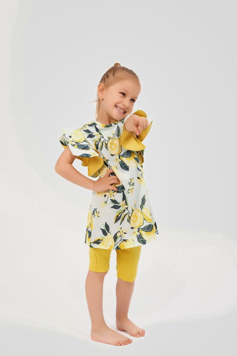 Lemon Patterned Ruffled Sleeve Shorts and Kids Swimsuit Set 24100 - 26 Yellow - ihvan