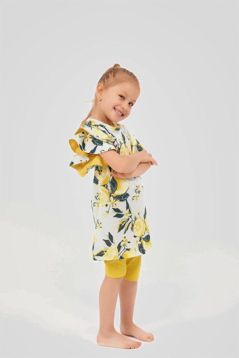 Lemon Patterned Ruffled Sleeve Shorts and Kids Swimsuit Set 24100 - 26 Yellow - ihvan