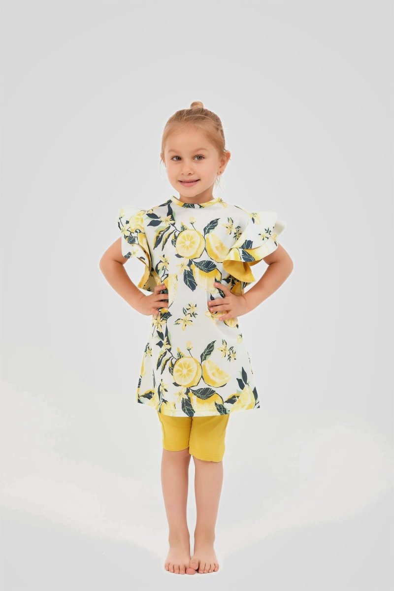 Lemon Patterned Ruffled Sleeve Shorts and Kids Swimsuit Set 24100 - 26 Yellow - ihvan