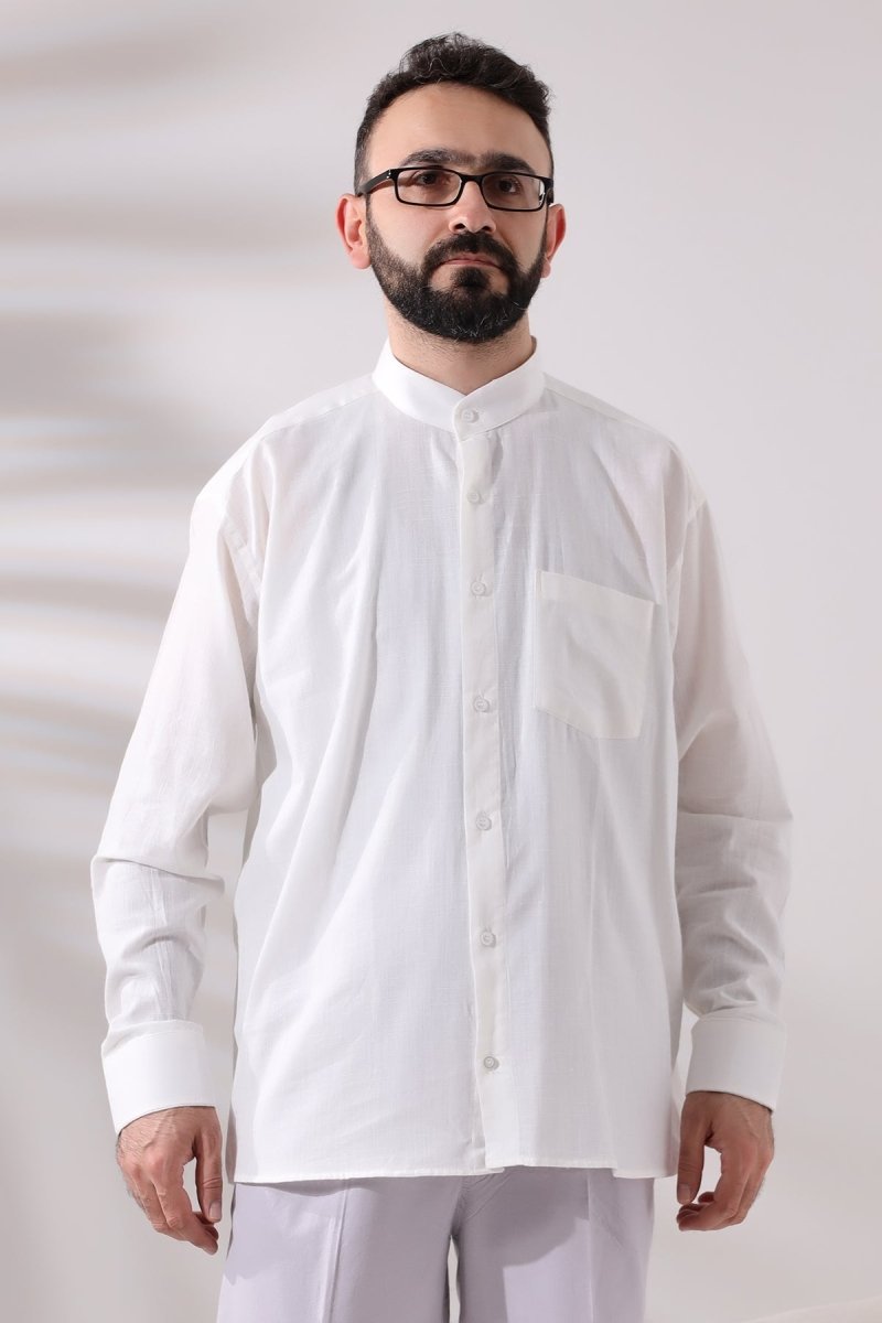 Light Cream Men's Loose Fit Single Pocket Mandarin Collar Hajj and Umrah Linen Shirt - ihvan