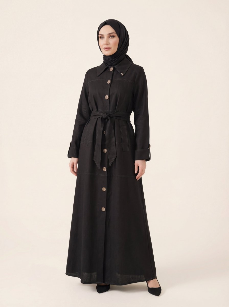 Linen Shirt Collar Abaya with Belt, Buttoned, Pockets, and Cuff Details 9541 - 26 Black - ihvan