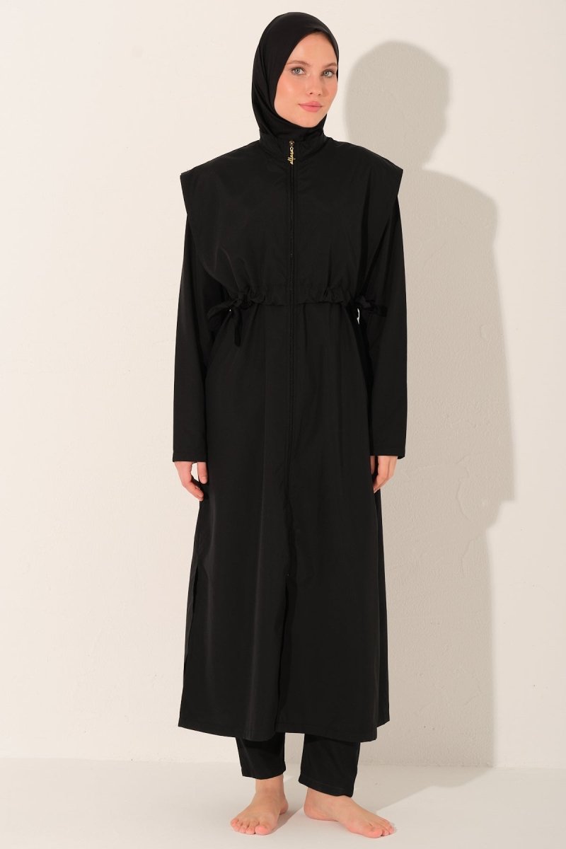 Long, Fully Covered Hijab Swimsuit with Side Ties 26541 - 26 Black - ihvan