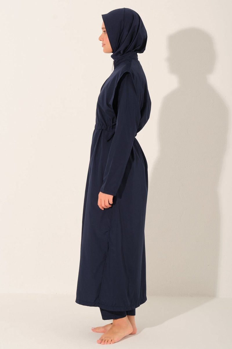 Long, Fully Covered Hijab Swimsuit with Side Ties 26541 - 26 Navy Blue - ihvan