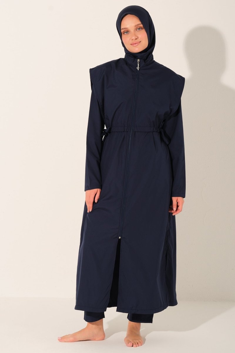 Long, Fully Covered Hijab Swimsuit with Side Ties 26541 - 26 Navy Blue - ihvan
