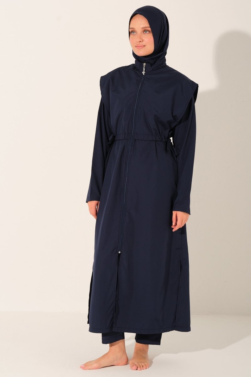 Long, Fully Covered Hijab Swimsuit with Side Ties 26541 - 26 Navy Blue - ihvan