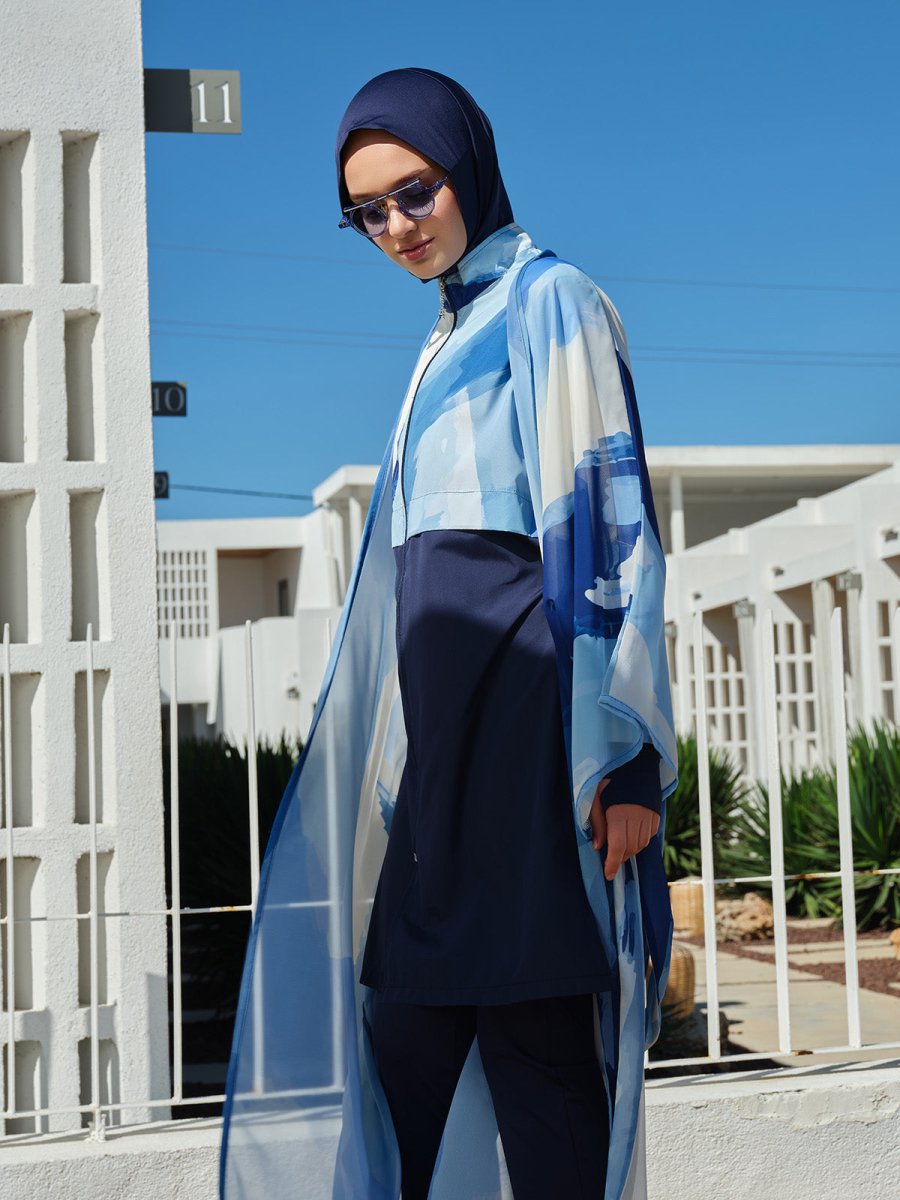 Long Patterned Belted Lightweight Beach Pareo Blue 7138 - 26 - ihvan