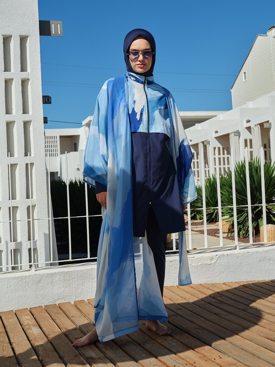Long Patterned Belted Lightweight Beach Pareo Blue 7138 - 26 - ihvan