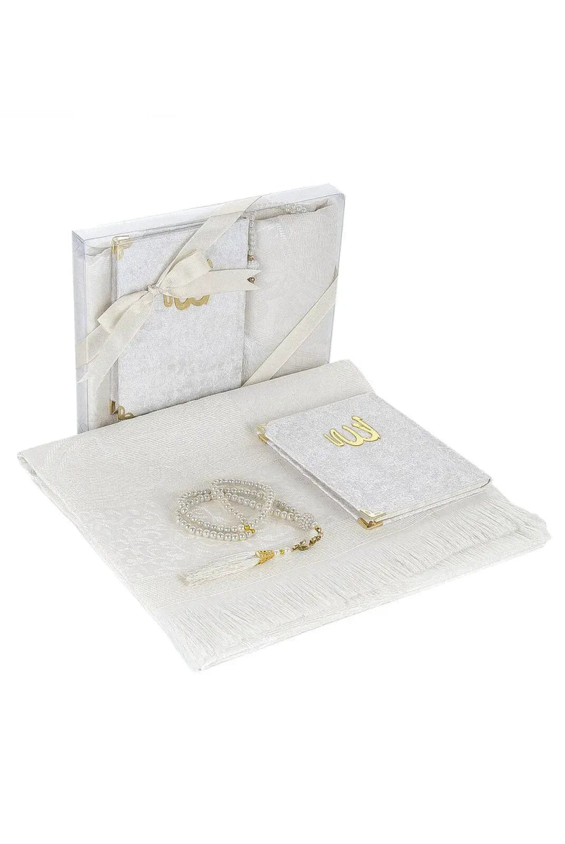 Luxury Dowry Prayer Set – Tafta Prayer Rug, Velvet Yasin Book & Tasbeeh in Gift Box - ihvan