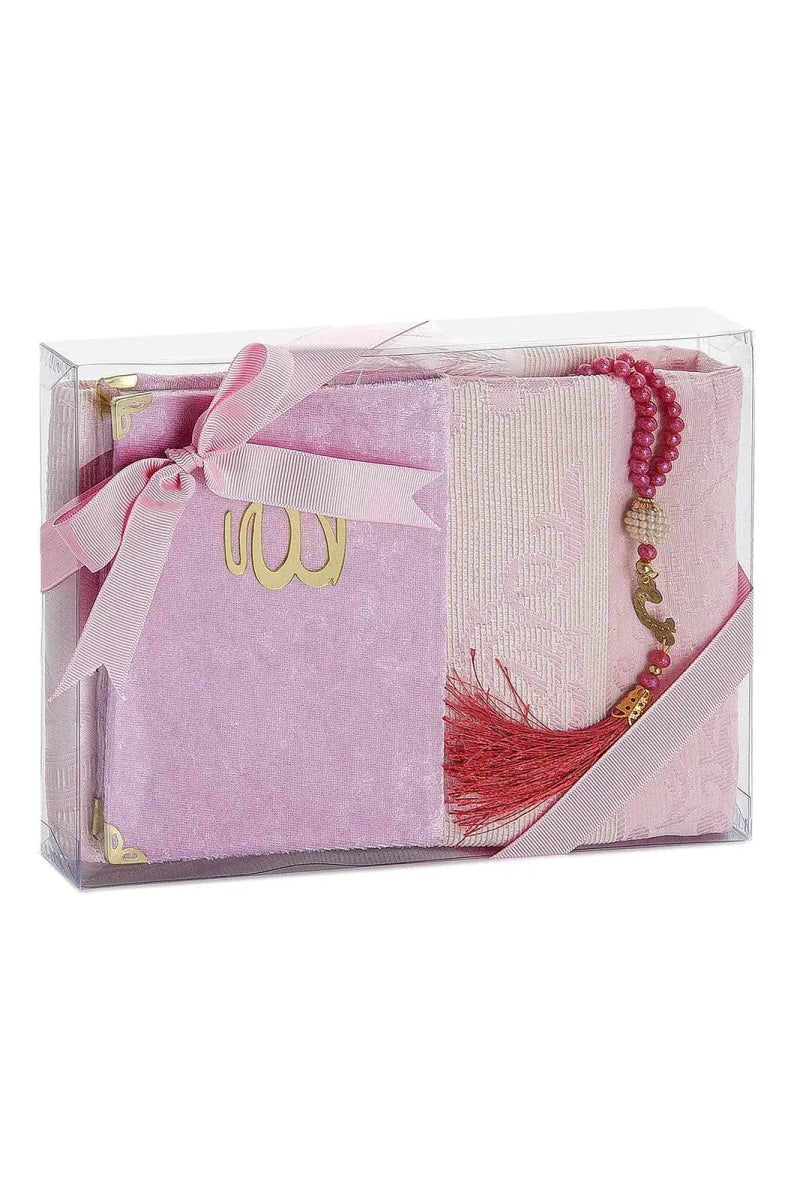 Luxury Dowry Prayer Set – Tafta Prayer Rug, Velvet Yasin Book & Tasbeeh in Gift Box - ihvan