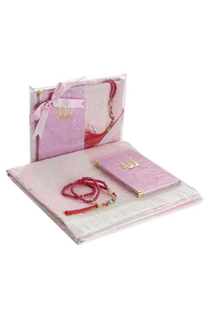 Luxury Dowry Prayer Set – Tafta Prayer Rug, Velvet Yasin Book & Tasbeeh in Gift Box - ihvan