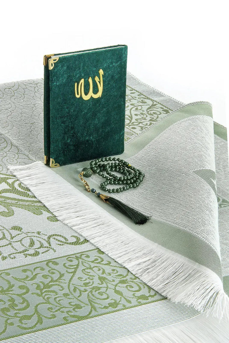 Luxury Dowry Prayer Set – Tafta Prayer Rug, Velvet Yasin Book & Tasbeeh in Gift Box - ihvan