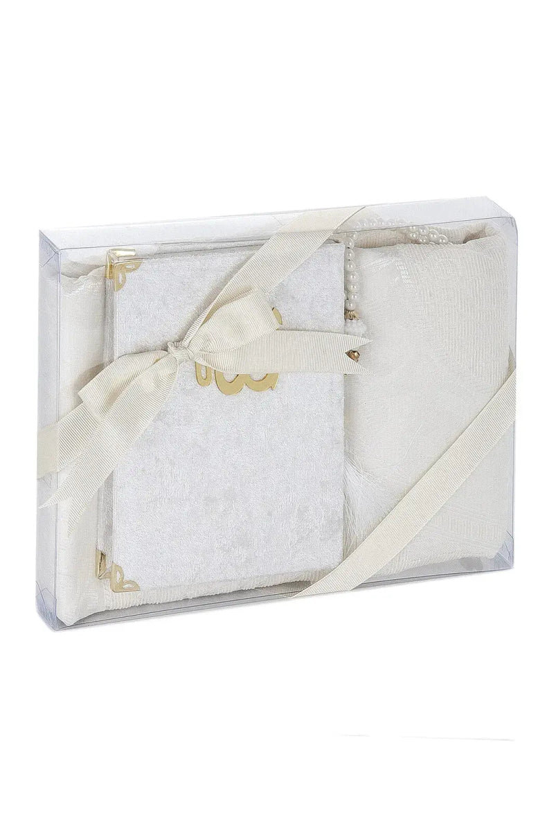 Luxury Dowry Prayer Set – Tafta Prayer Rug, Velvet Yasin Book & Tasbeeh in Gift Box - ihvan