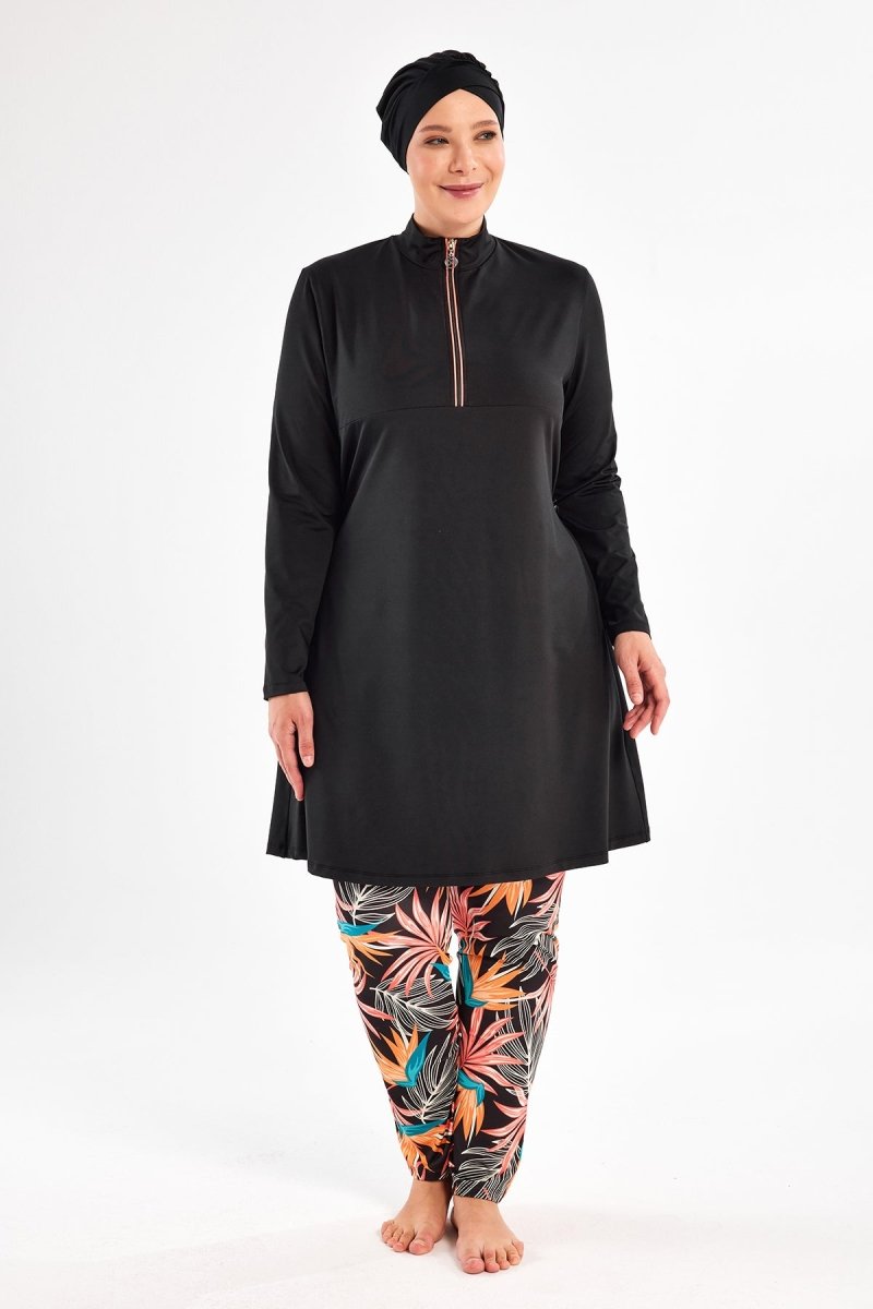 Maresiva Plus Size Leaf Patterned Long Sleeved 3 - Piece Quick - Drying Full Coverage Swimsuit Set with Pants 2801 - 25 Black - ihvan