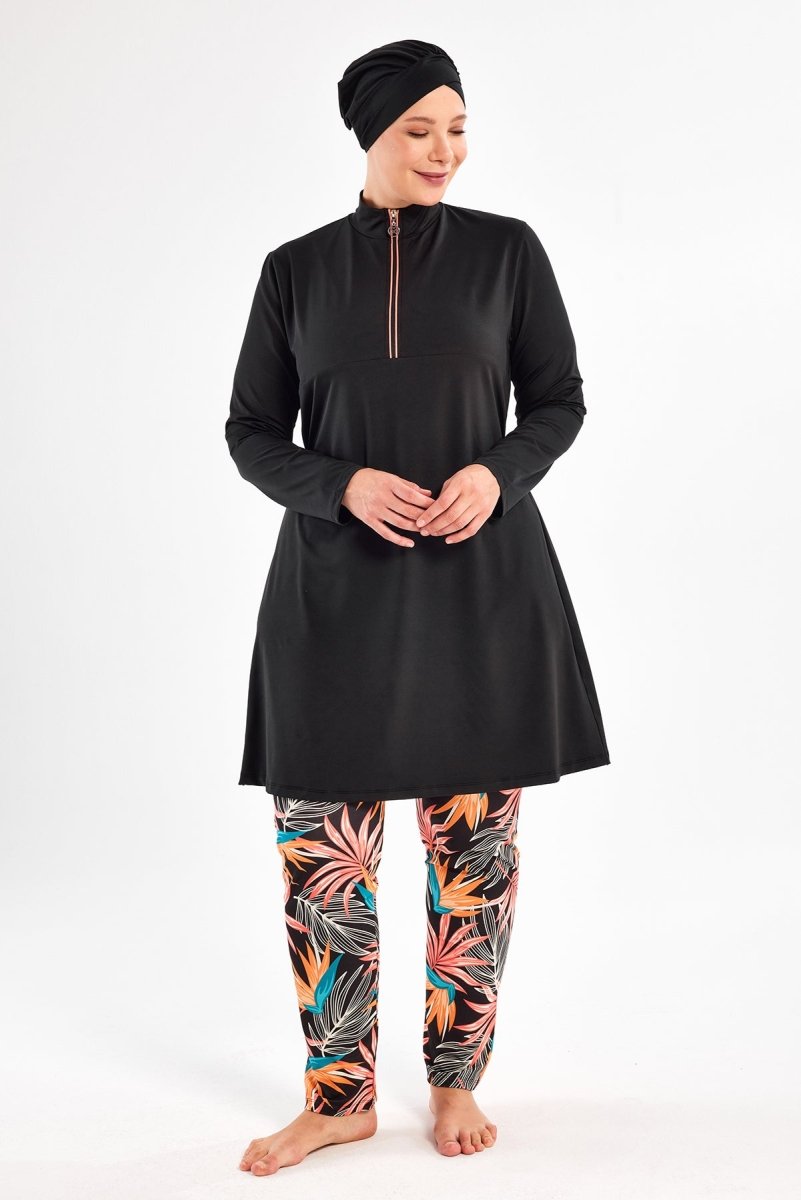 Maresiva Plus Size Leaf Patterned Long Sleeved 3 - Piece Quick - Drying Full Coverage Swimsuit Set with Pants 2801 - 25 Black - ihvan