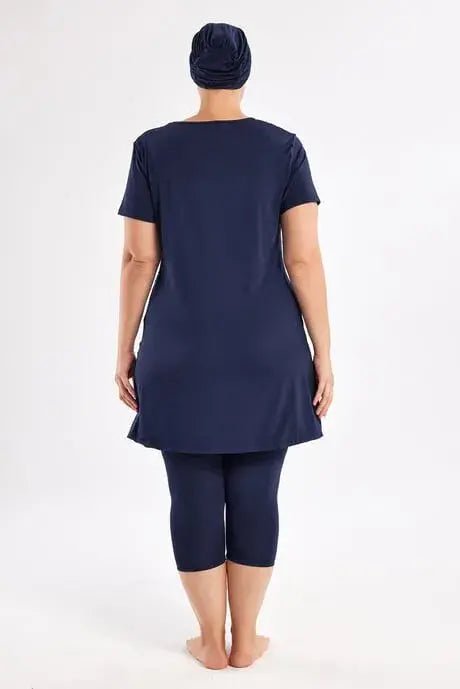 Maresiva Women's Plus Size Short-Sleeved 3-Piece Semi-Closed Swimsuit Set 2804-25 Navy Blue - ihvan