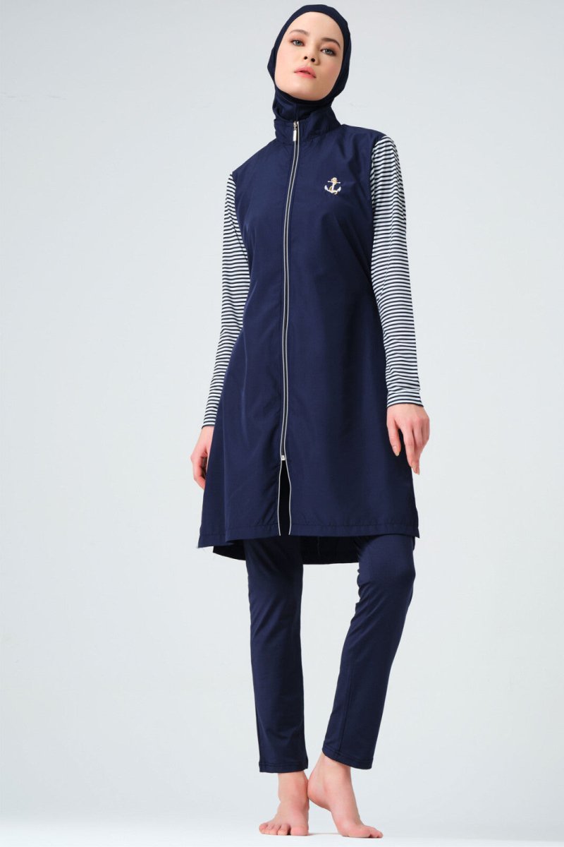 Marin Long - Sleeved Navy Blue Women's Full Coverage Hijab Swimsuit 23438 - 25 - ihvan