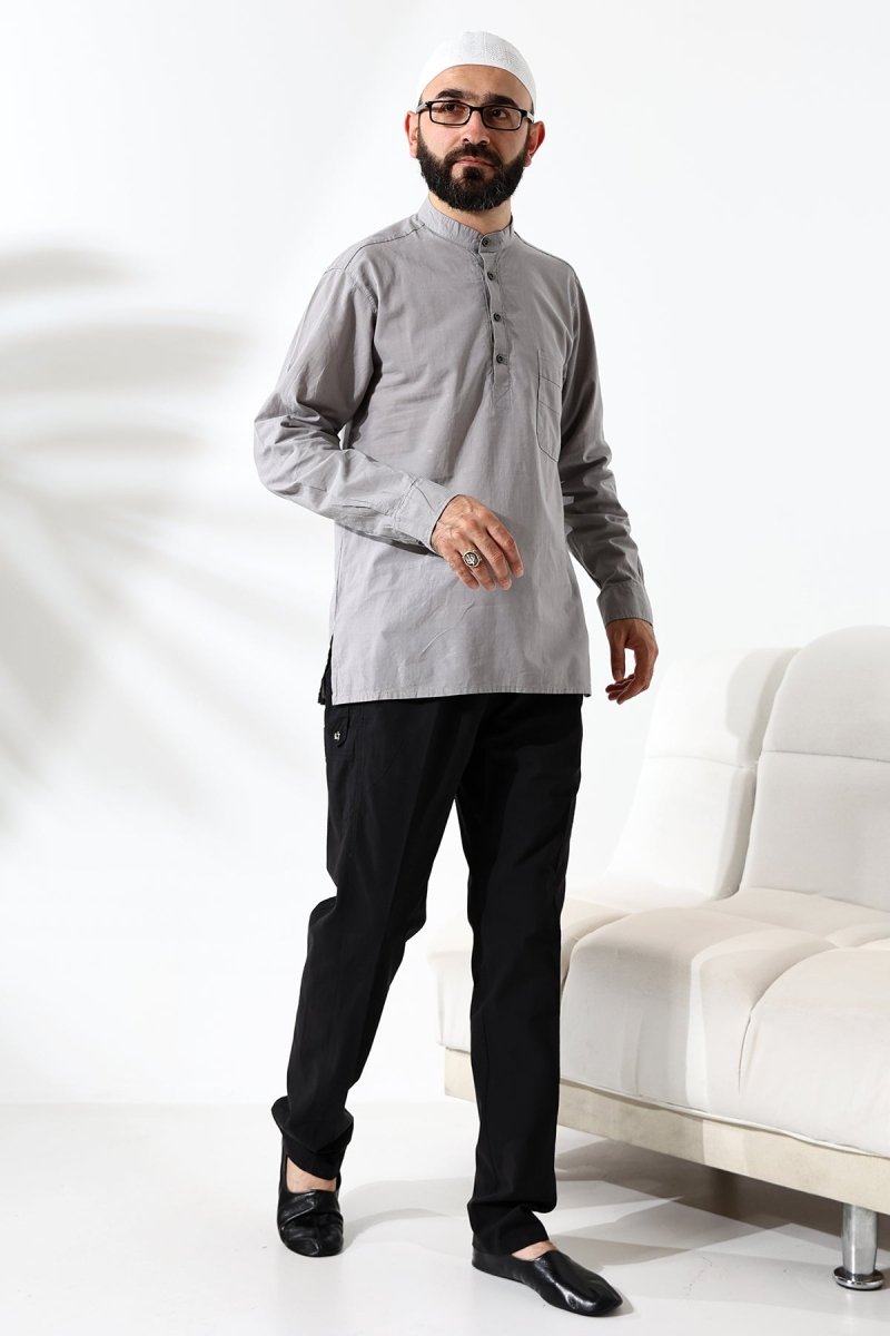 Men's 100% Cotton Voile Relaxed Fit Mandarin Collar Half Placket Grey Hajj Umrah Shirt - ihvan