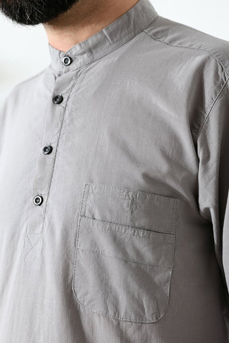 Men's 100% Cotton Voile Relaxed Fit Mandarin Collar Half Placket Grey Hajj Umrah Shirt - ihvan