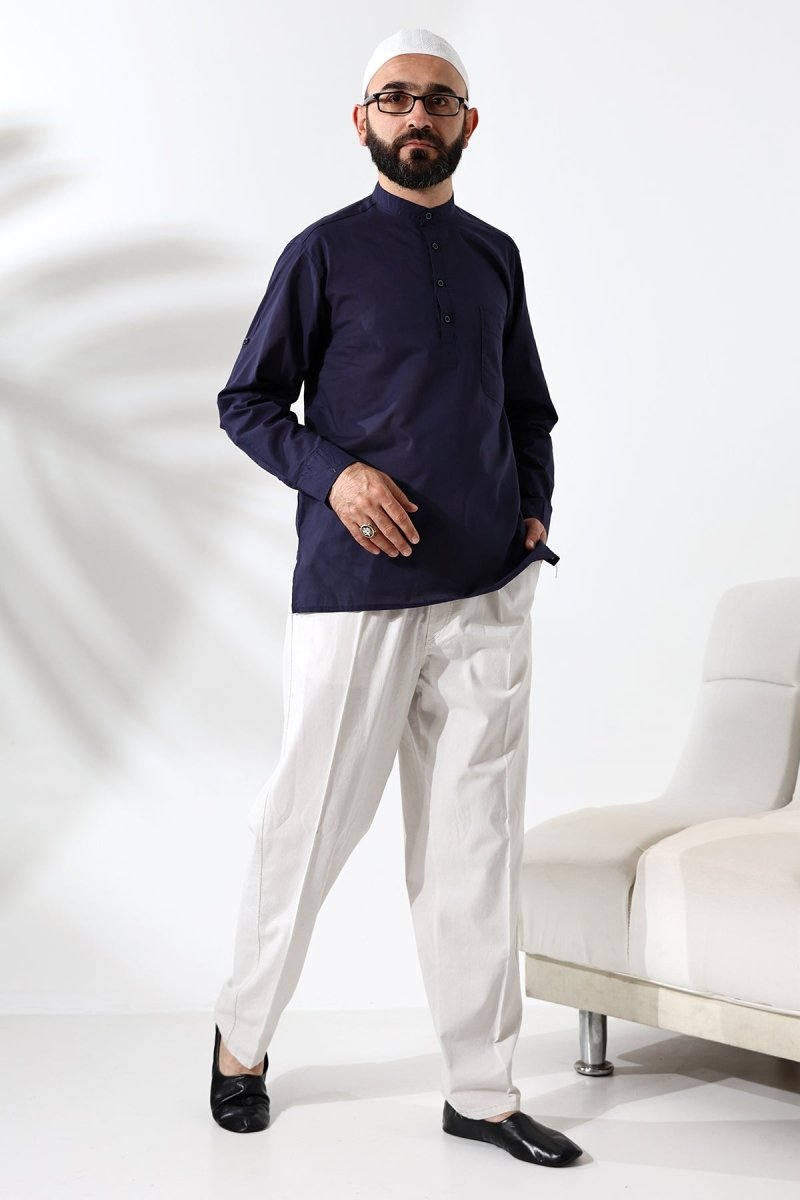 Men's 100% Cotton Voile Relaxed Fit Mandarin Collar Half Placket Navy Blue Hajj Umrah Shirt - ihvan