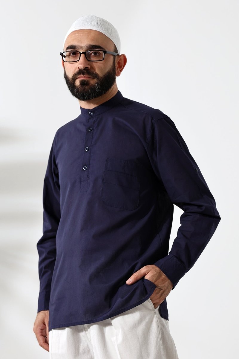 Men's 100% Cotton Voile Relaxed Fit Mandarin Collar Half Placket Navy Blue Hajj Umrah Shirt - ihvan
