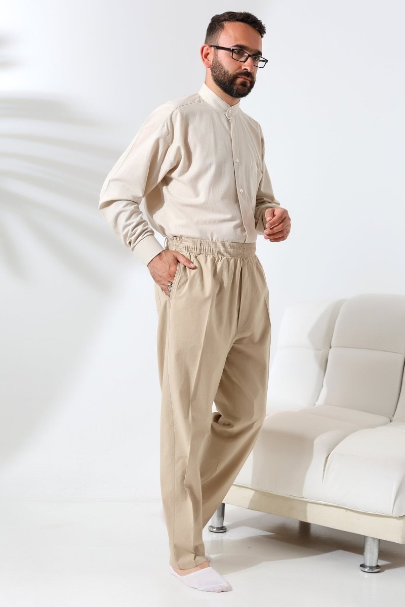 Men's Beige Relaxed Fit Linen Hajj and Umrah Harem Pants with Elastic Waistband - ihvan