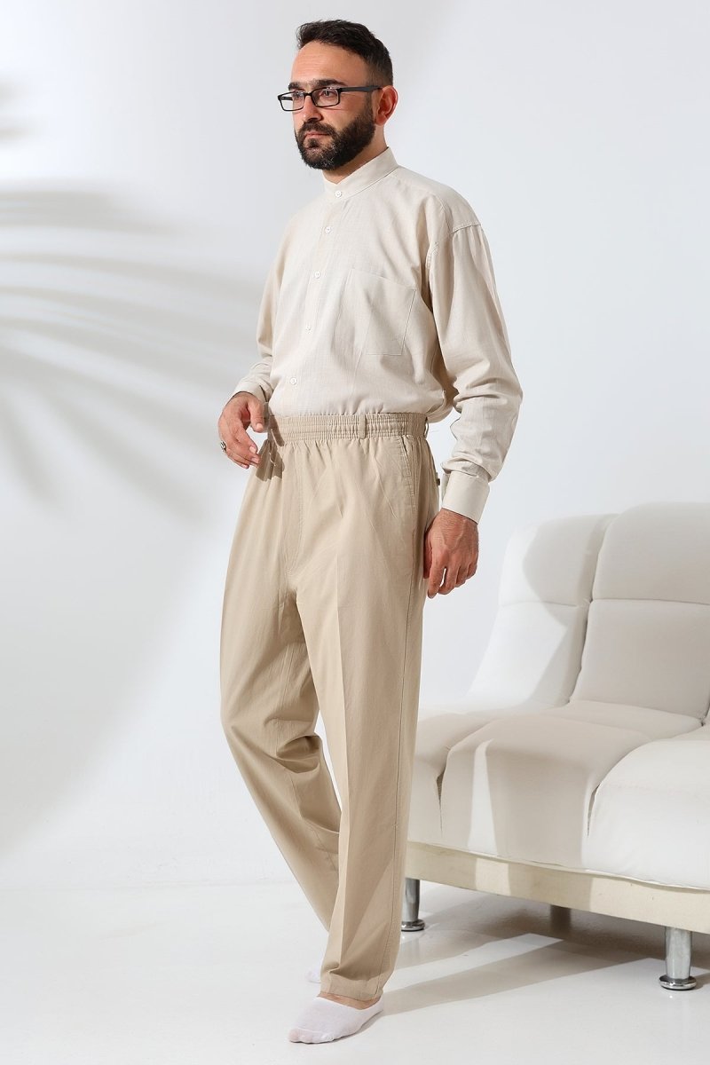 Men's Beige Relaxed Fit Linen Hajj and Umrah Harem Pants with Elastic Waistband - ihvan