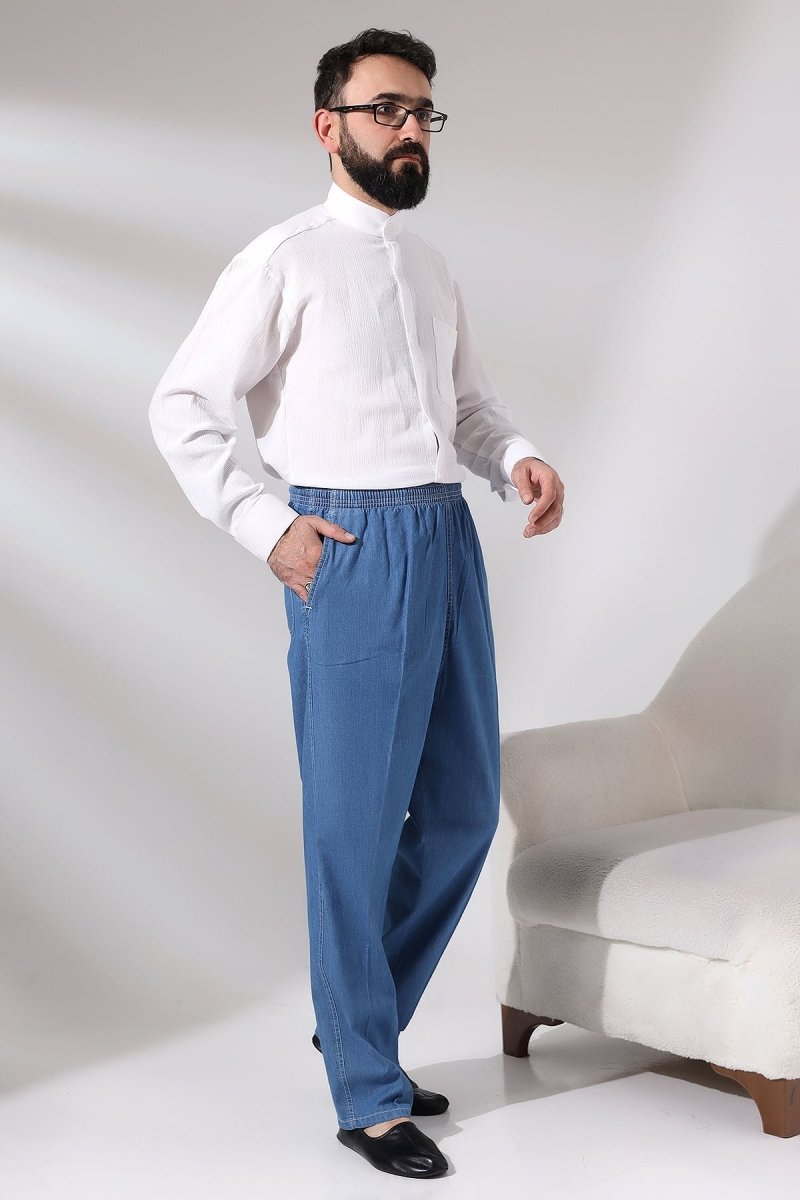 Men's Blue Maple Elastic Waist Relaxed Fit Denim Harem Pants - ihvan