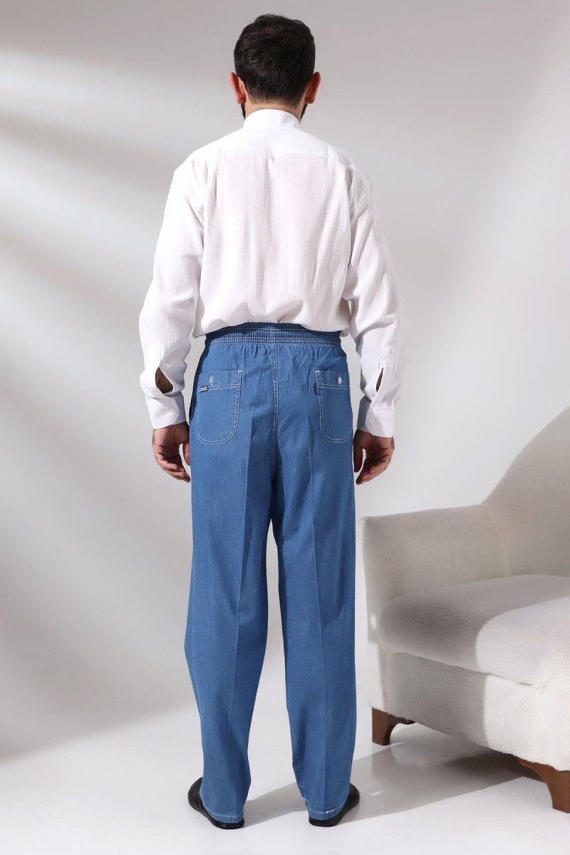 Men's Blue Maple Elastic Waist Relaxed Fit Denim Harem Pants - ihvan