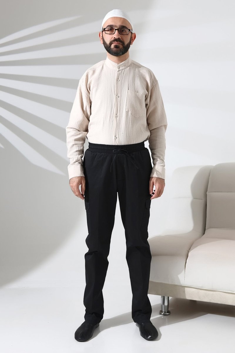 Men's Çınar Side Pocket, Elastic Waist Hajj and Umrah Cargo Pants, Black - ihvan