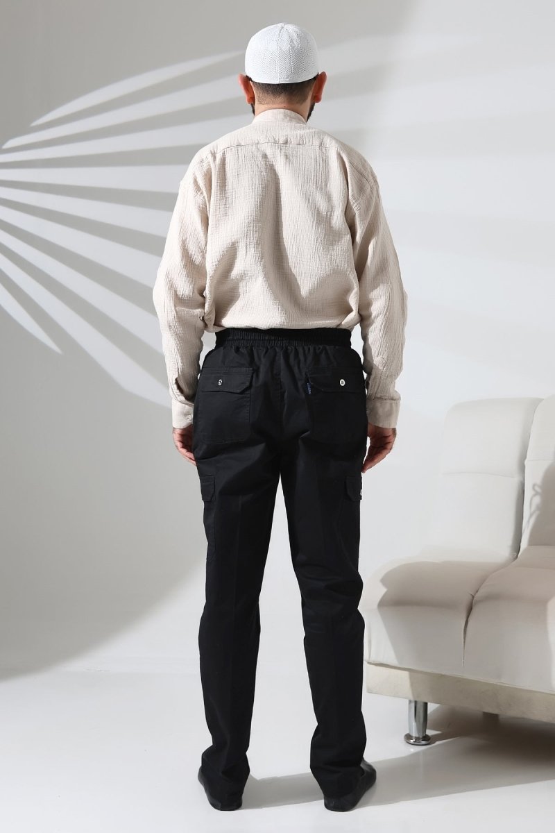 Men's Çınar Side Pocket, Elastic Waist Hajj and Umrah Cargo Pants, Black - ihvan