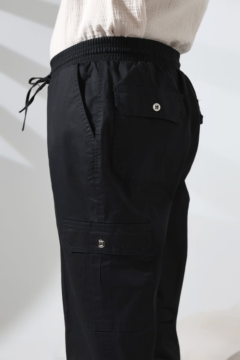 Men's Çınar Side Pocket, Elastic Waist Hajj and Umrah Cargo Pants, Black - ihvan