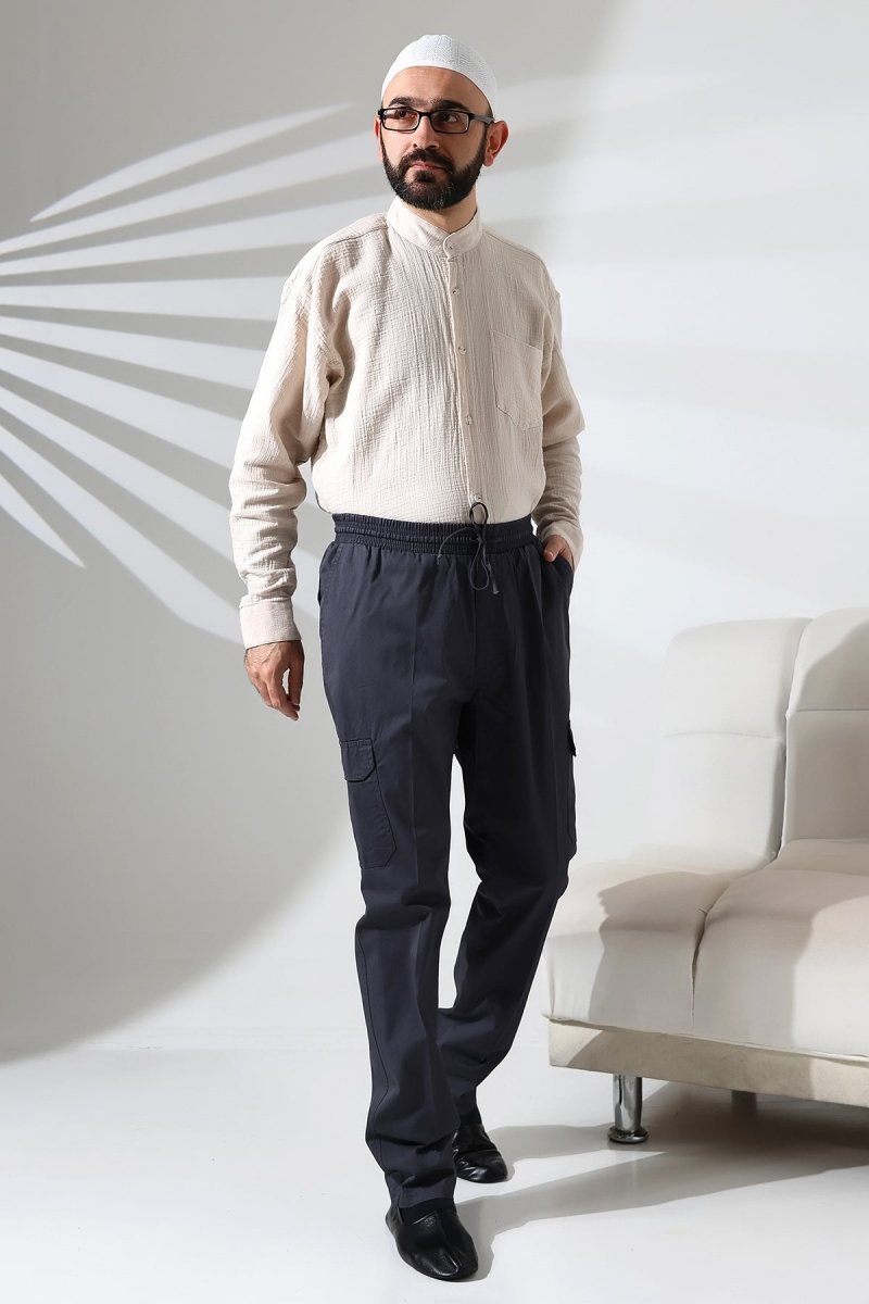 Men's Çınar Side Pocket, Elastic Waist Hajj and Umrah Cargo Pants, Dark Gray - ihvan