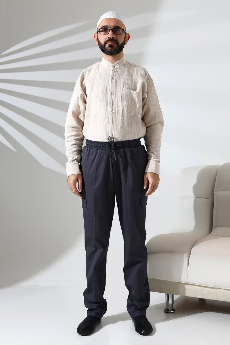 Men's Çınar Side Pocket, Elastic Waist Hajj and Umrah Cargo Pants, Dark Gray - ihvan