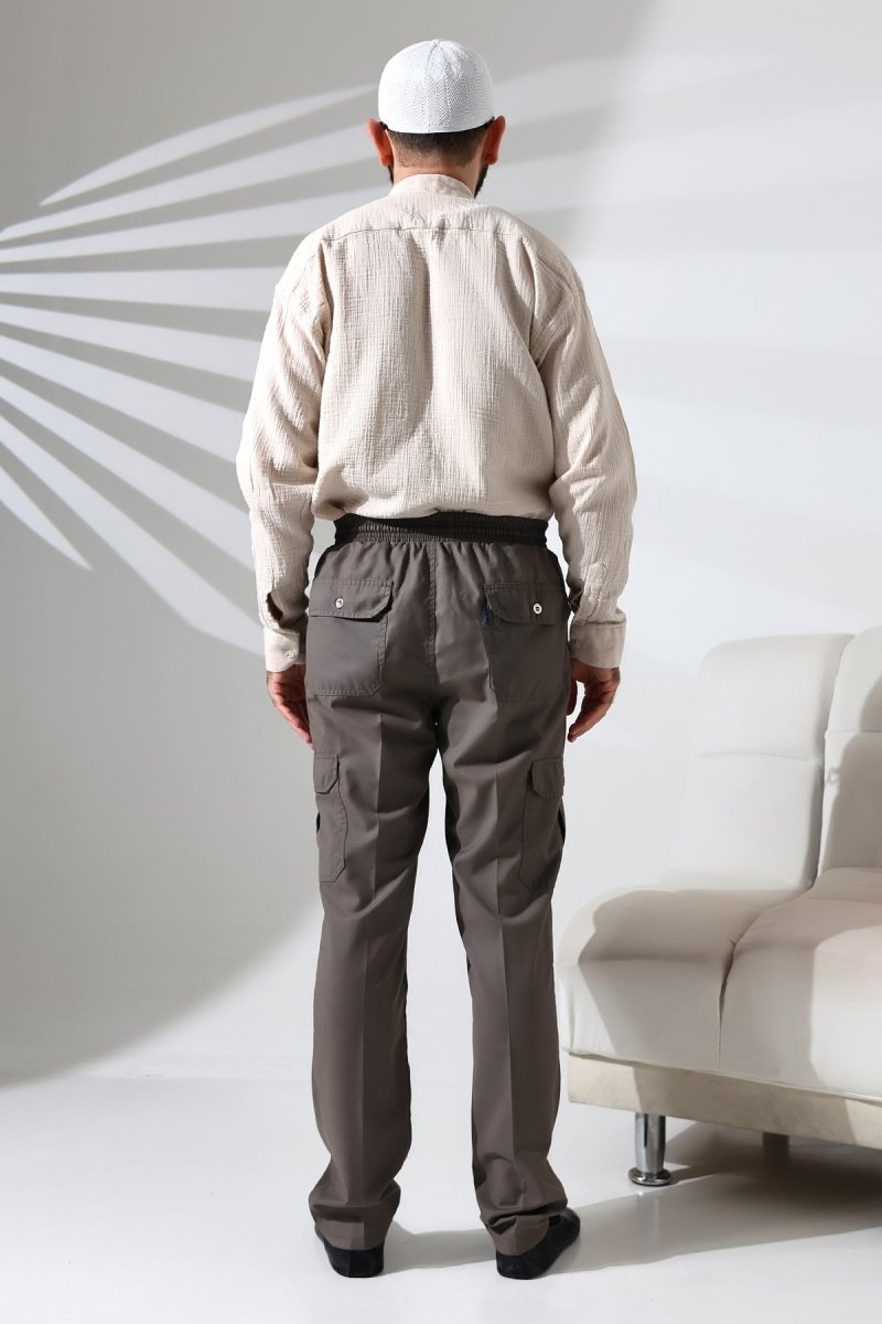 Men's Çınar Side Pocket, Elastic Waist Hajj and Umrah Cargo Pants, Earth - ihvan