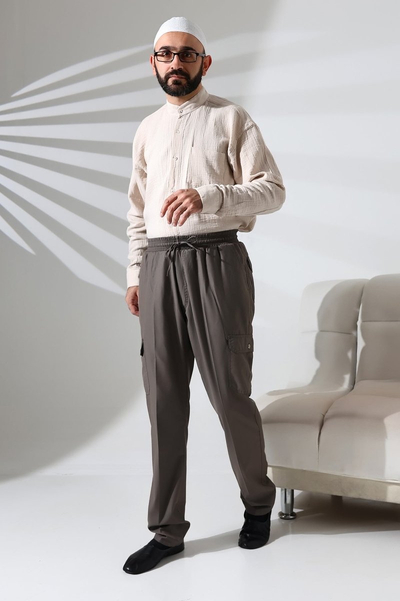 Men's Çınar Side Pocket, Elastic Waist Hajj and Umrah Cargo Pants, Earth - ihvan