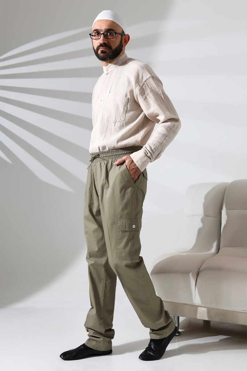 Men's Çınar Side Pocket, Elastic Waist Hajj and Umrah Cargo Pants, Green - ihvan