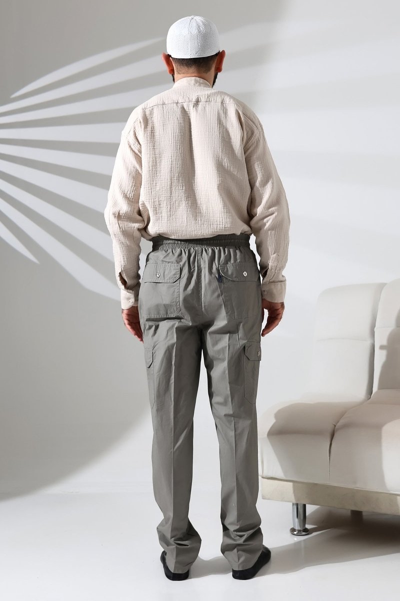 Men's Çınar Side Pocket, Elastic Waist Hajj and Umrah Cargo Pants, Grey - ihvan