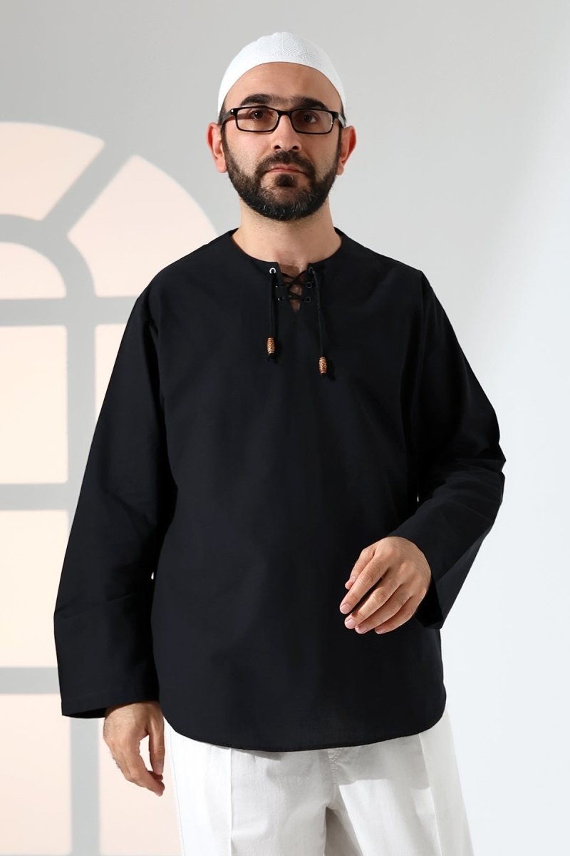 Men's Crew Neck, Drawstring, Long-Sleeved Linen Shirt, Black - ihvan
