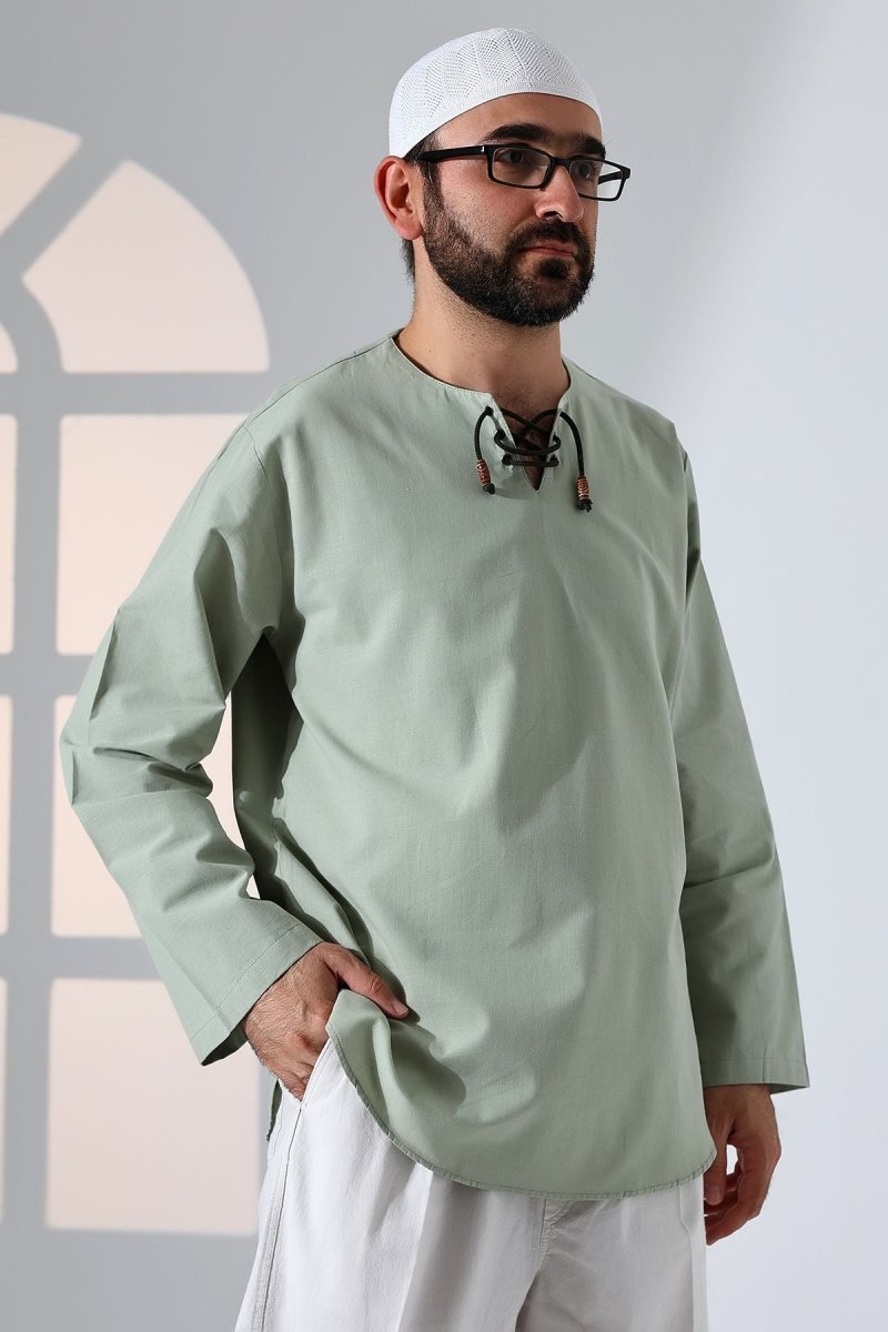 Men's Crew Neck, Drawstring, Long-Sleeved Linen Shirt, Green - ihvan
