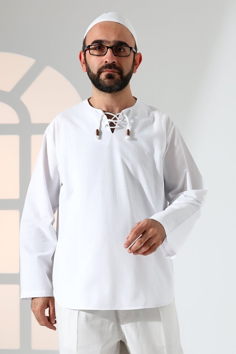 Men's Crew Neck, Drawstring, Long-Sleeved Linen Shirt, White - ihvan