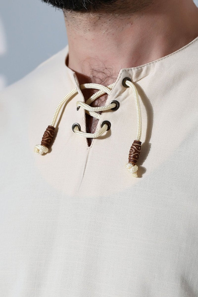 Men's Crew Neck, Lace-Up, Long-Sleeved Linen Shirt, Cream - ihvan