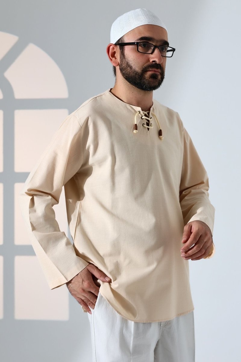 Men's Crew Neck, Lace-Up, Long-Sleeved Linen Shirt, Cream - ihvan