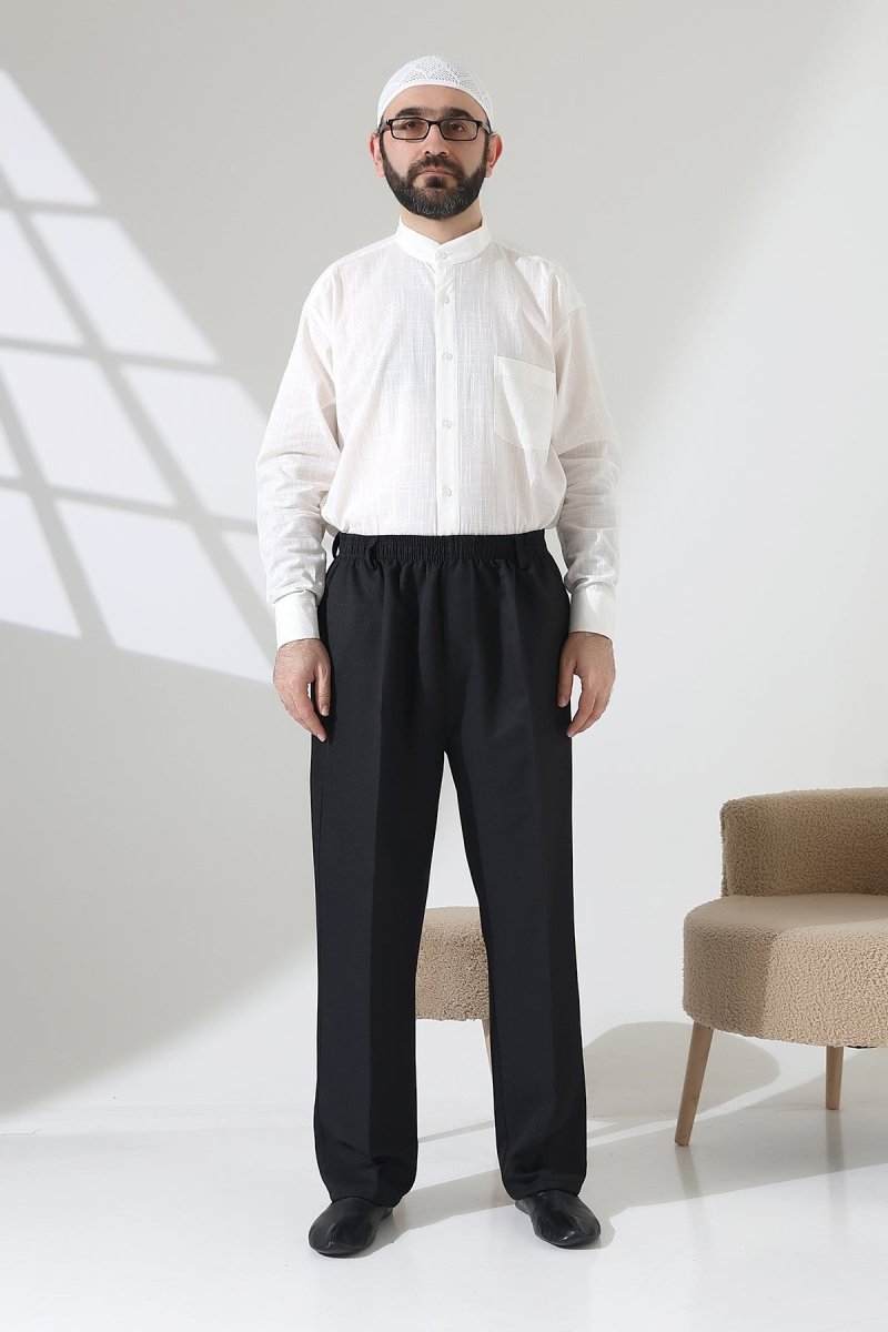 Men's Elastic Waistband Pocketed Fabric Hajj/Umrah Trousers - Black (ISR) - ihvan