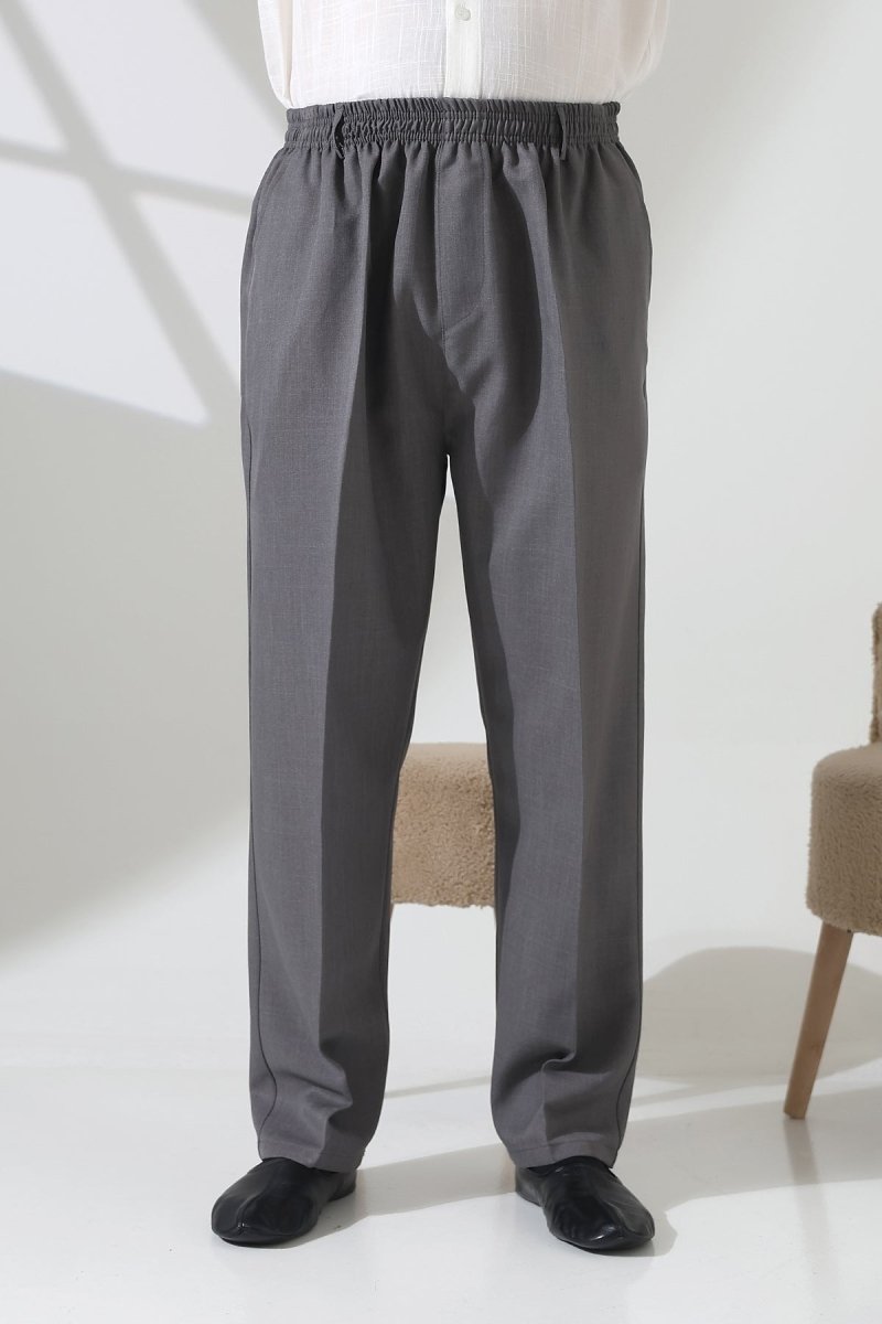 Men's Elastic Waistband Pocketed Fabric Hajj/Umrah Trousers - Light Grey (ISR) - ihvan