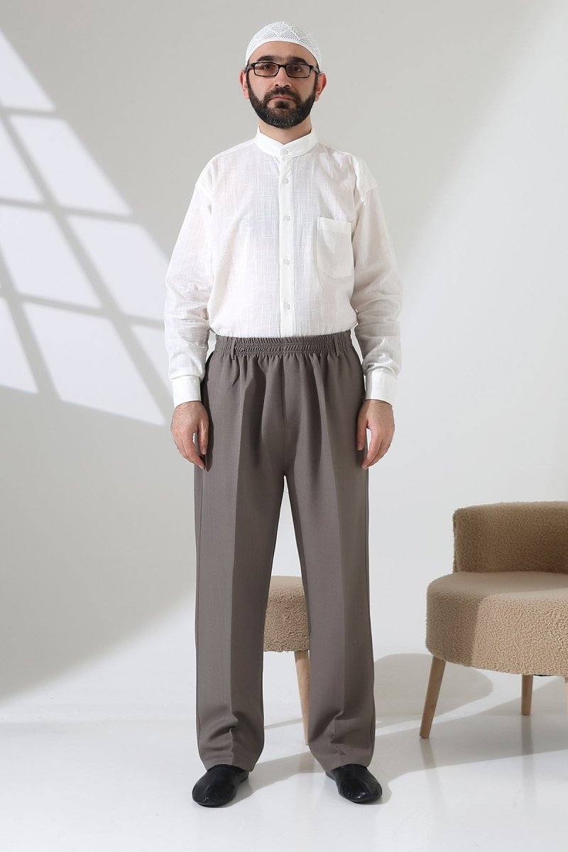 Men's Elastic Waistband Pocketed Fabric Hajj/Umrah Trousers - Toprak(ISR) - ihvan