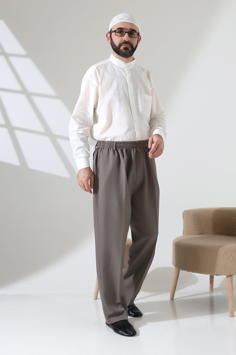 Men's Elastic Waistband Pocketed Fabric Hajj/Umrah Trousers - Toprak(ISR) - ihvan