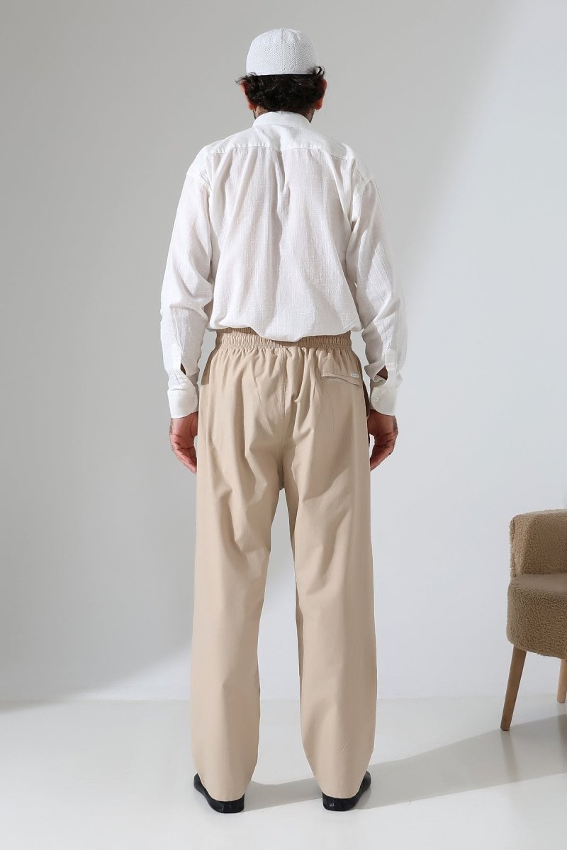 Men's Elastic Waistband Pocketed Hajj/Umrah Linen Harem Pants - Beige (VŞN) - ihvan