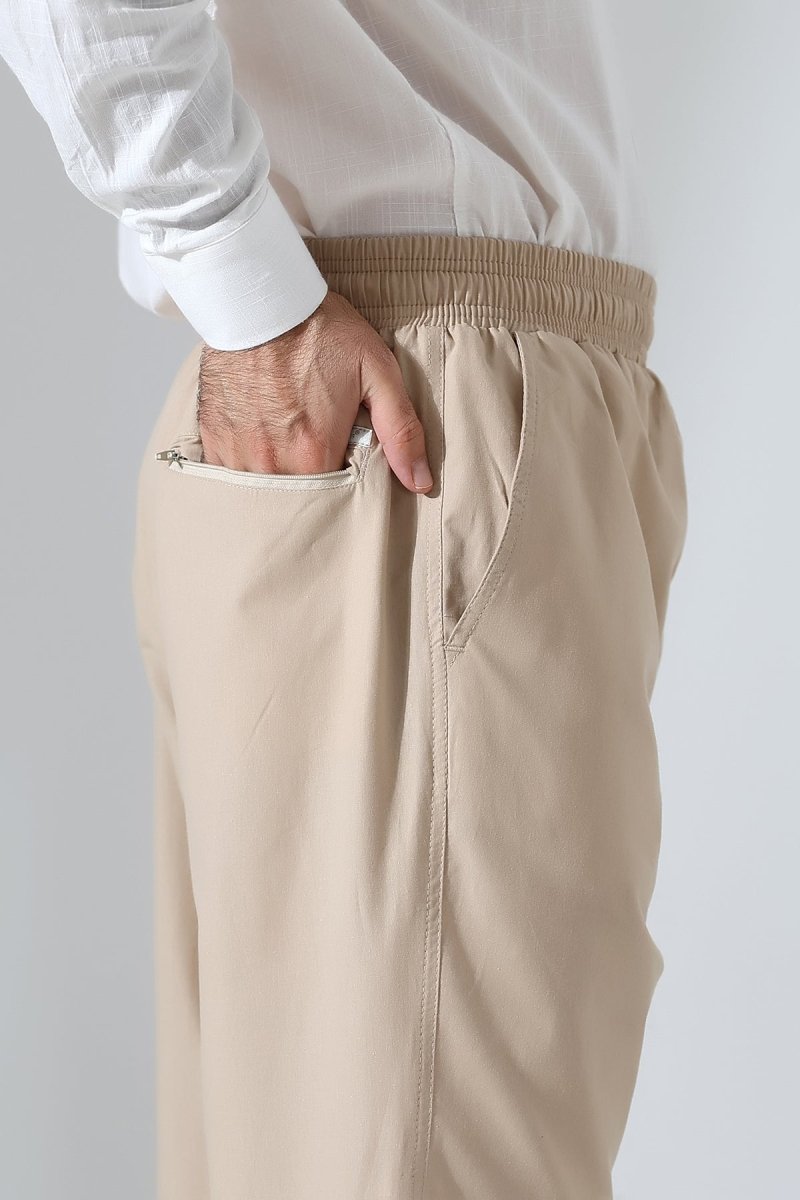 Men's Elastic Waistband Pocketed Hajj/Umrah Linen Harem Pants - Beige (VŞN) - ihvan